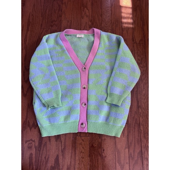 Listicle Sweaters - Listicle Dopamine Cardigan S Green Blue Checker Pink Trim Chunky Knit